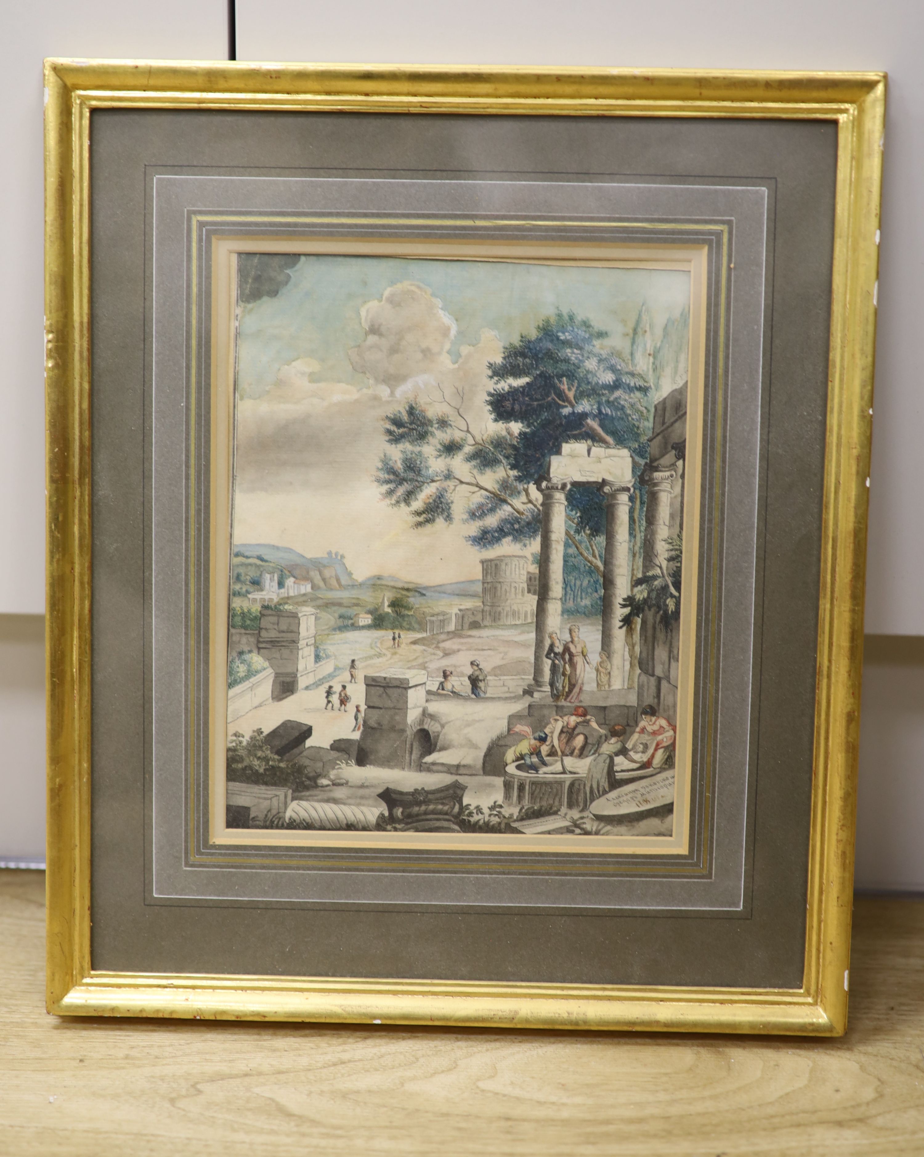 19th century Greek School, ink and watercolour, Figures in a classical landscape interring a corpse into a tomb, inscribed and dated 1895, 24 x 19cm